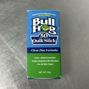 BULL FROG Quick Stick Face Body Sunscreen SPF 50 Clear ZINC Formula Water Resist